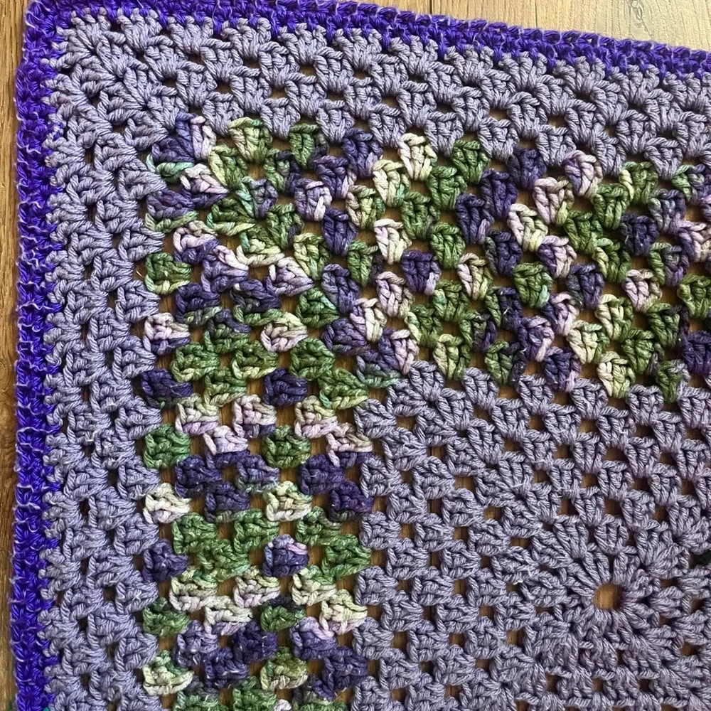 Vintage Handmade Crochet Granny Square Throw Afghan Purple Green 27.5” x 27.5”